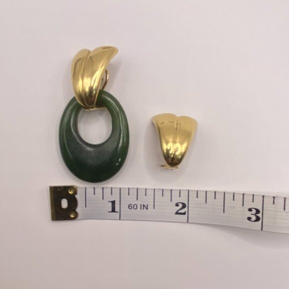 Vintage, 3-in-1, 1960s 18K Gold Earrings w/ Real Jade & Onyx Accessories #401 - Picture 14 of 14